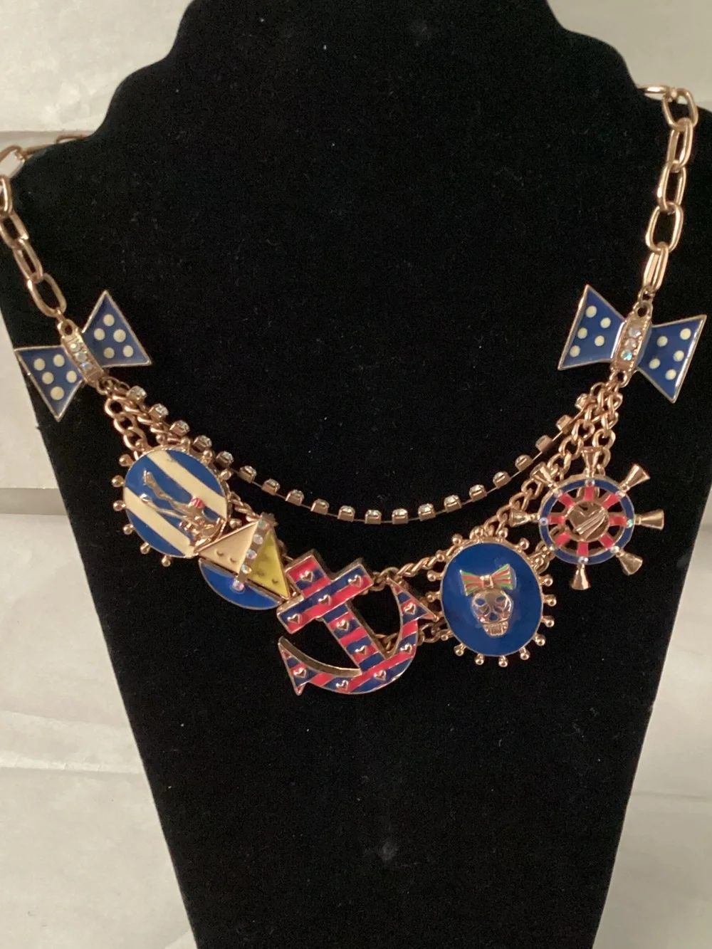 Betsey Johnson Blue Red Gold Nautical Charm Necklace - Picture 1 of 3